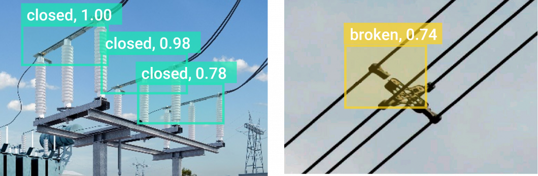 Power infrastructure monitoring with AI vision: (A) disconnect switch state recognition, (B) broken spacer detection.