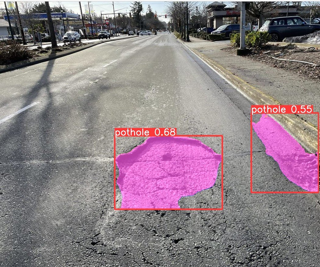 Segmentation with YOLOv8 applied in smart cities for pothole detection.