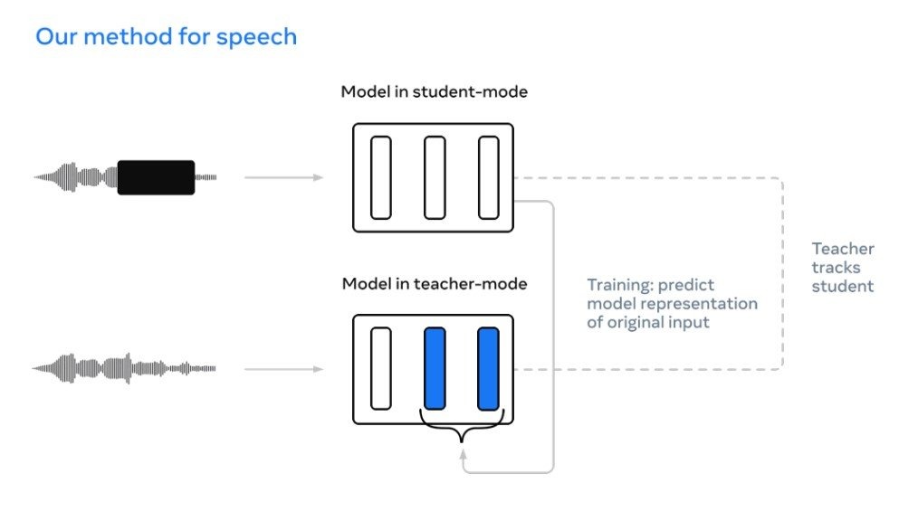 Schematic representation of a dual-mode AI training approach. A ‘student’ model learns to emulate a ‘teacher’ model’s complex speech-processing tasks. This exact same model can process text, auditory, and visual modalities. 